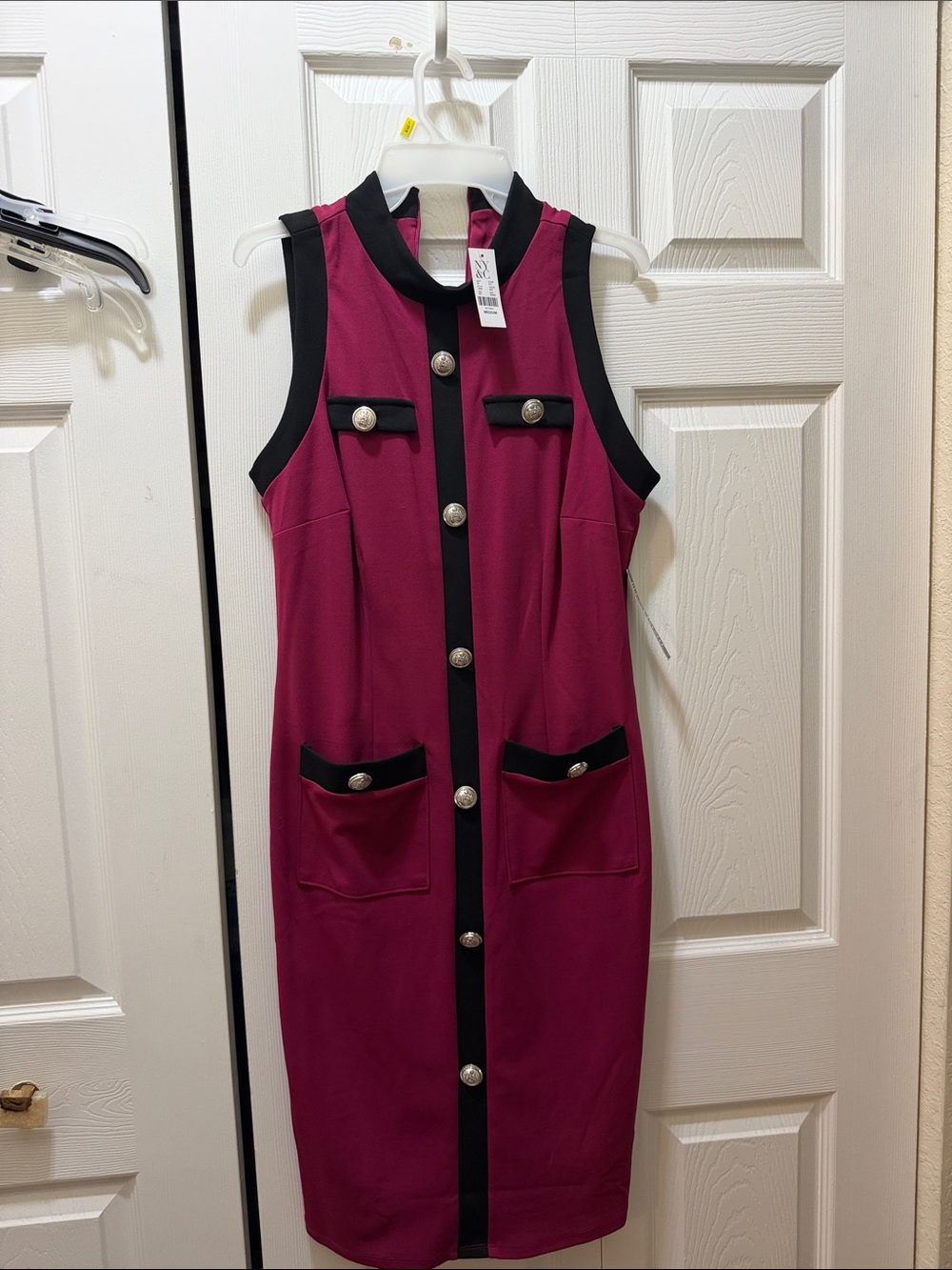 Sleeveless Magenta Sheath Dress with Black Trim